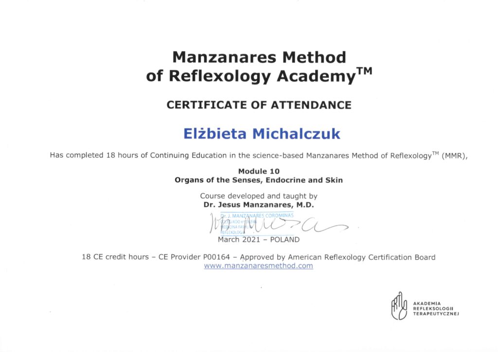 certyfikat refleksologia elzbieta michalczuk